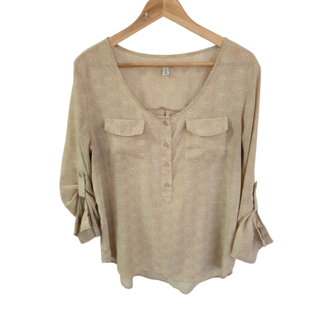 Old Navy Women Henley Top Low Neck Pull Tab Long Sleeves Sheer Beige Size Large